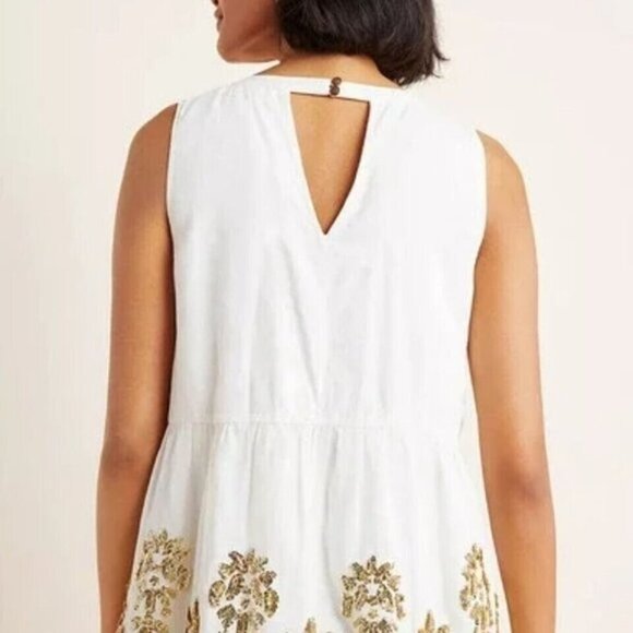 Maeve Anthropologie Simona Top Sm Sequined Cut Out Babydoll Blouse Ivory Gold - Picture 2 of 12